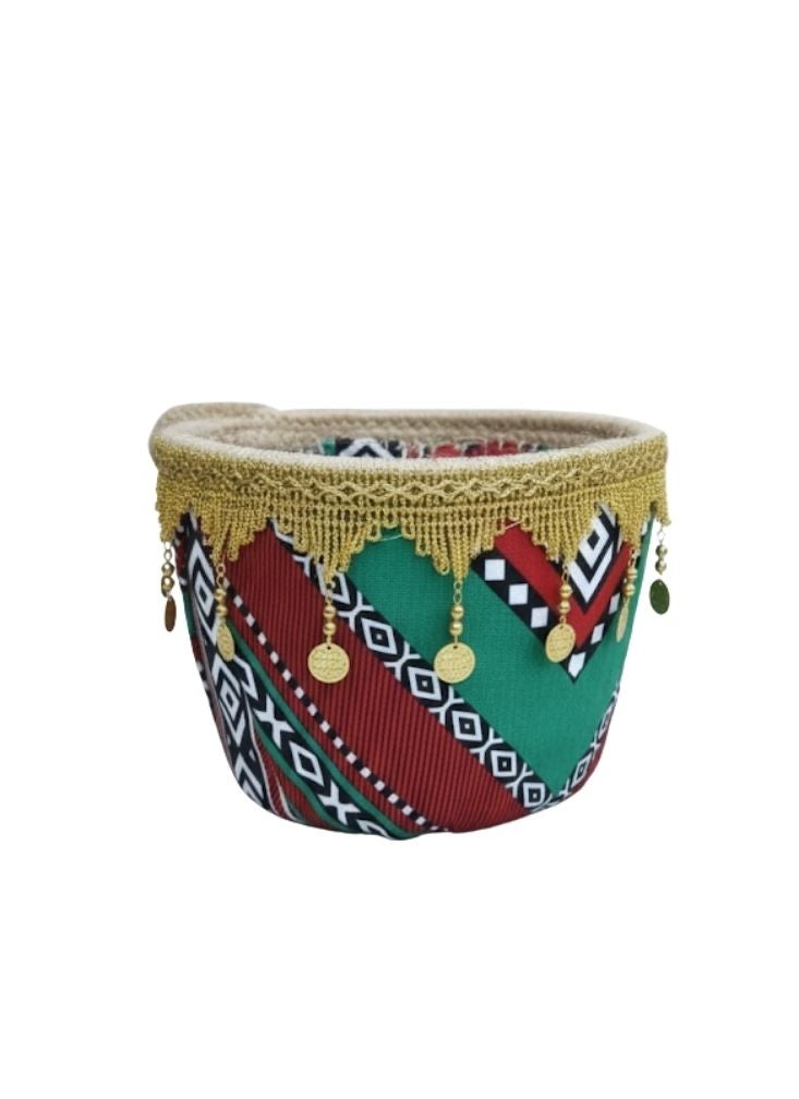 Premium Traditional Arabian Fabric Storage Basket with Decorative Coin Trim and Geometric Pattern - Image 1
